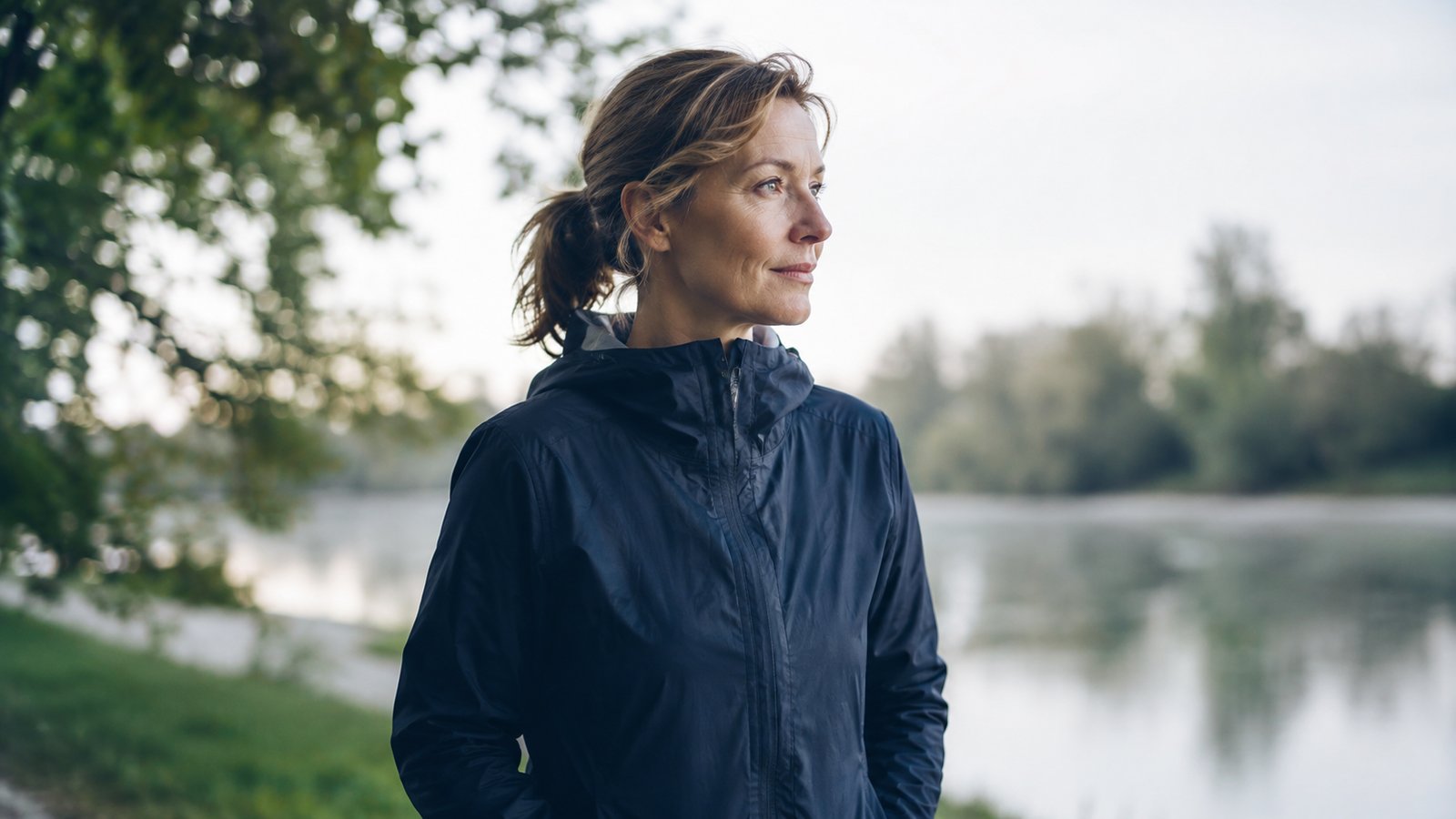 Frau bei einem ruhigen Spaziergang am Wasser im Morgenlicht