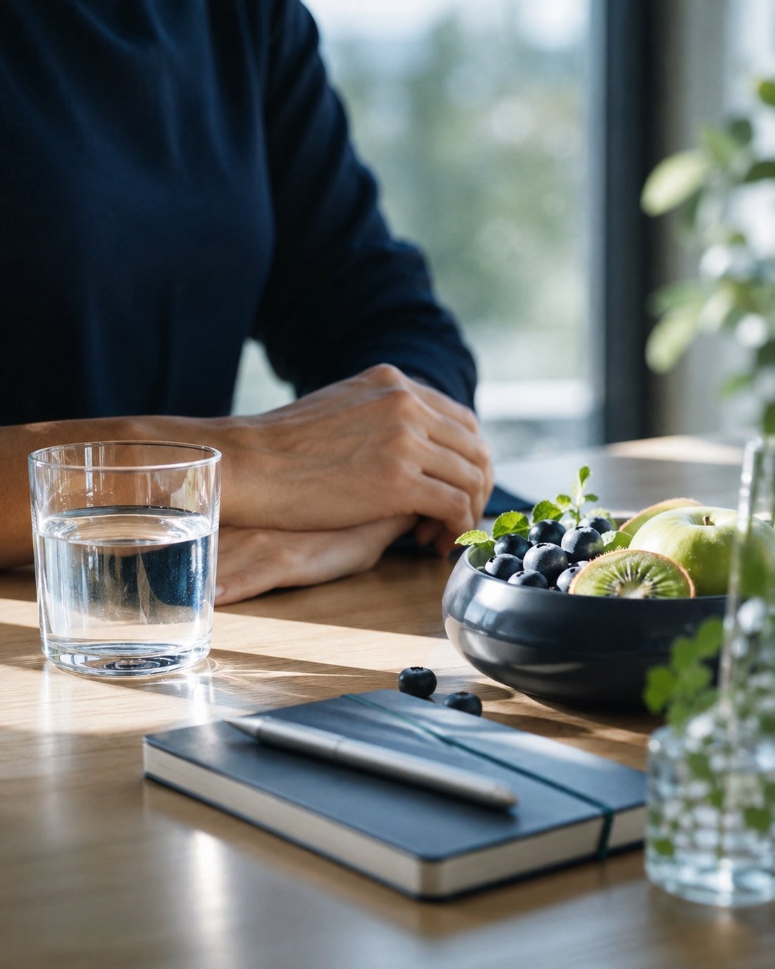 Gesunde Alltagsroutine: Wasser, frisches Obst und ein Notizbuch